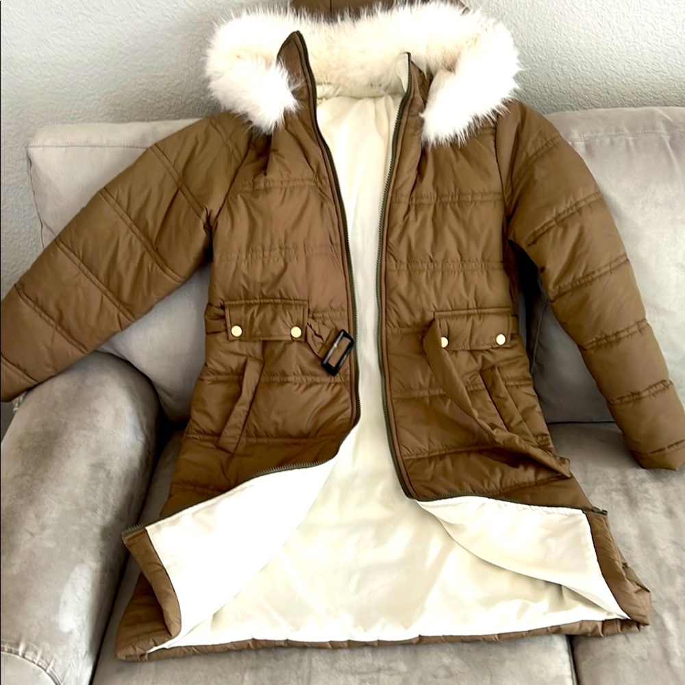 Women's Brown Fur-Trimmed Parka Jacket Small